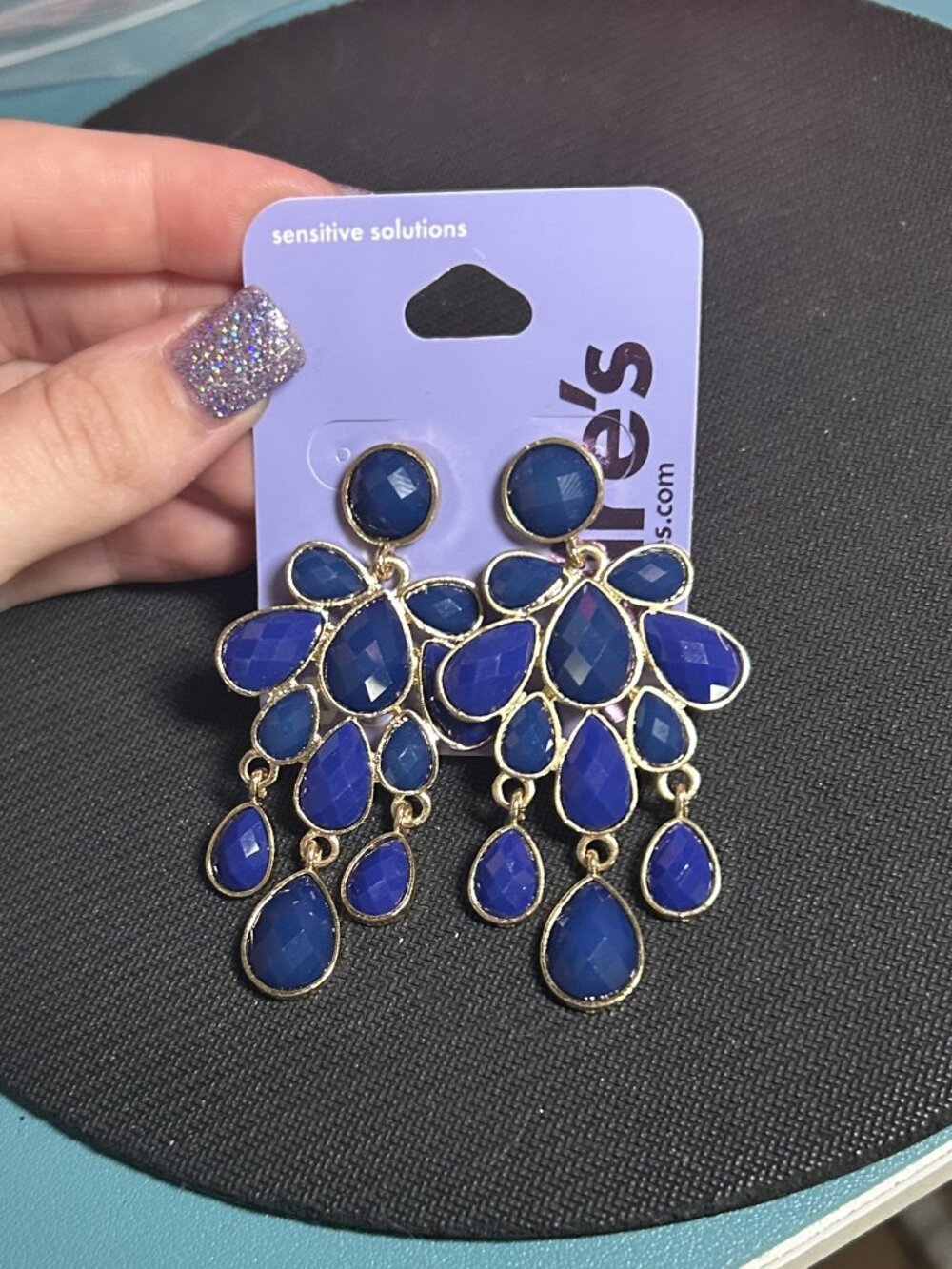 Claire’s Cobalt Blue Tear Drop Chandelier Statement Earrings NWT